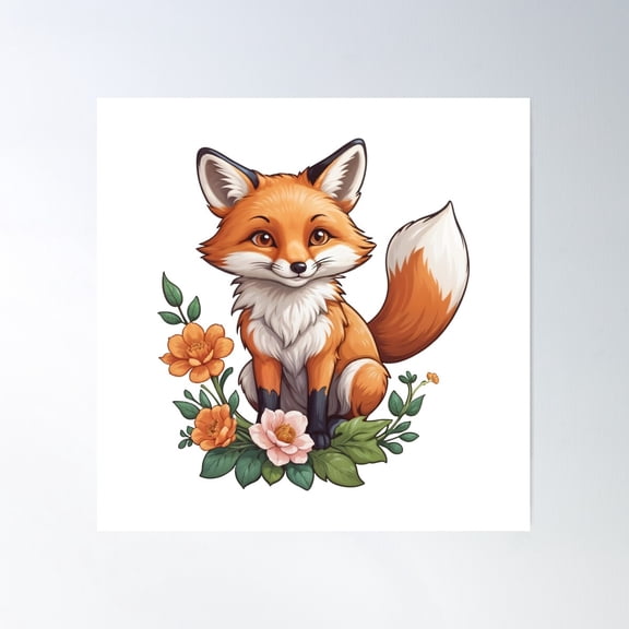 A Cute Fox Standing On Flowers Poster Wall Art, Modern Wall Decor For Living Room Bedroom, 30x30 UNFRAMED
