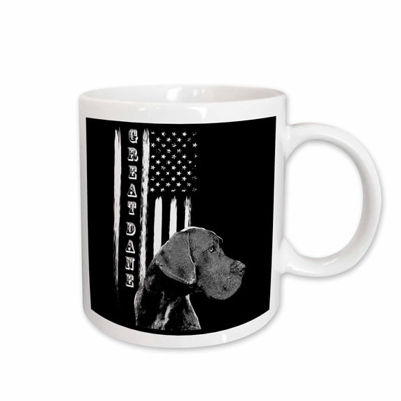3drose, a Cute Great Dane Dog on Black and White American Flag, 11oz Mug