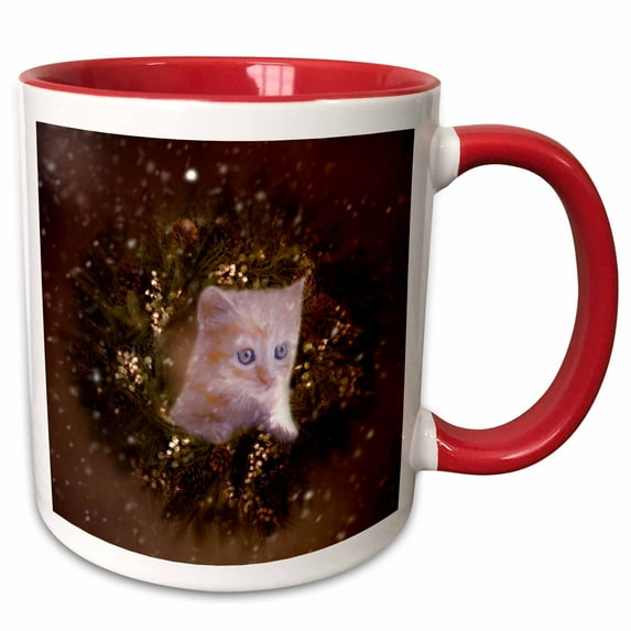 3drose, a Cute Kitten Watching the Snow in the Christmas Time, 11oz Two-tone Red Mug