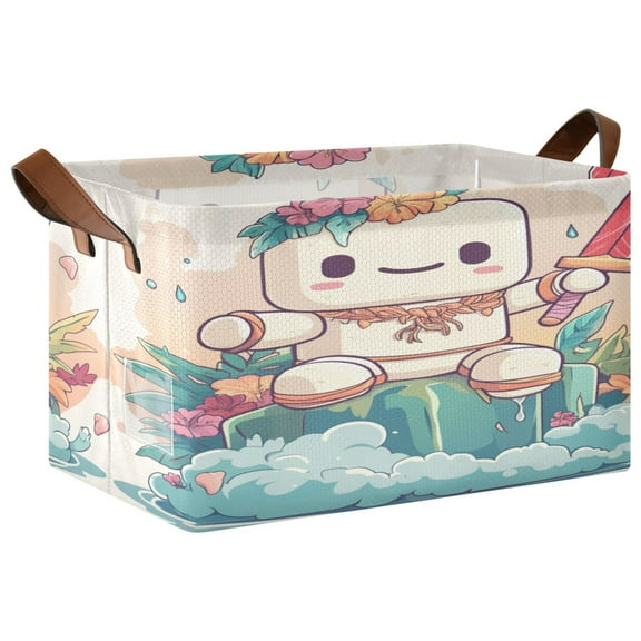 A Cute Marshmallow Man Storage Basket Soccer Plaid Fabric Hoard Box Oversized Collapsible Closet Organizer with Metal Iron Frame 16.911.410in
