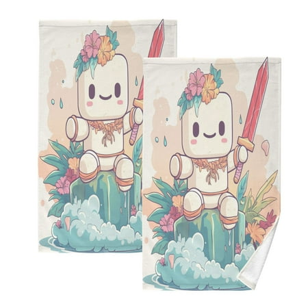 A Cute Marshmallow ManTwo-piece Cotton Towel Set, Absorbent, Soft And Comfortable 16 x 28 in Rectangle, Printed on One Side, Versatile