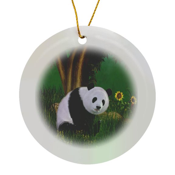 3drose, a Cute Panda Bear Sits in a Meadow under a Tree, Circle Porcelain Ornament