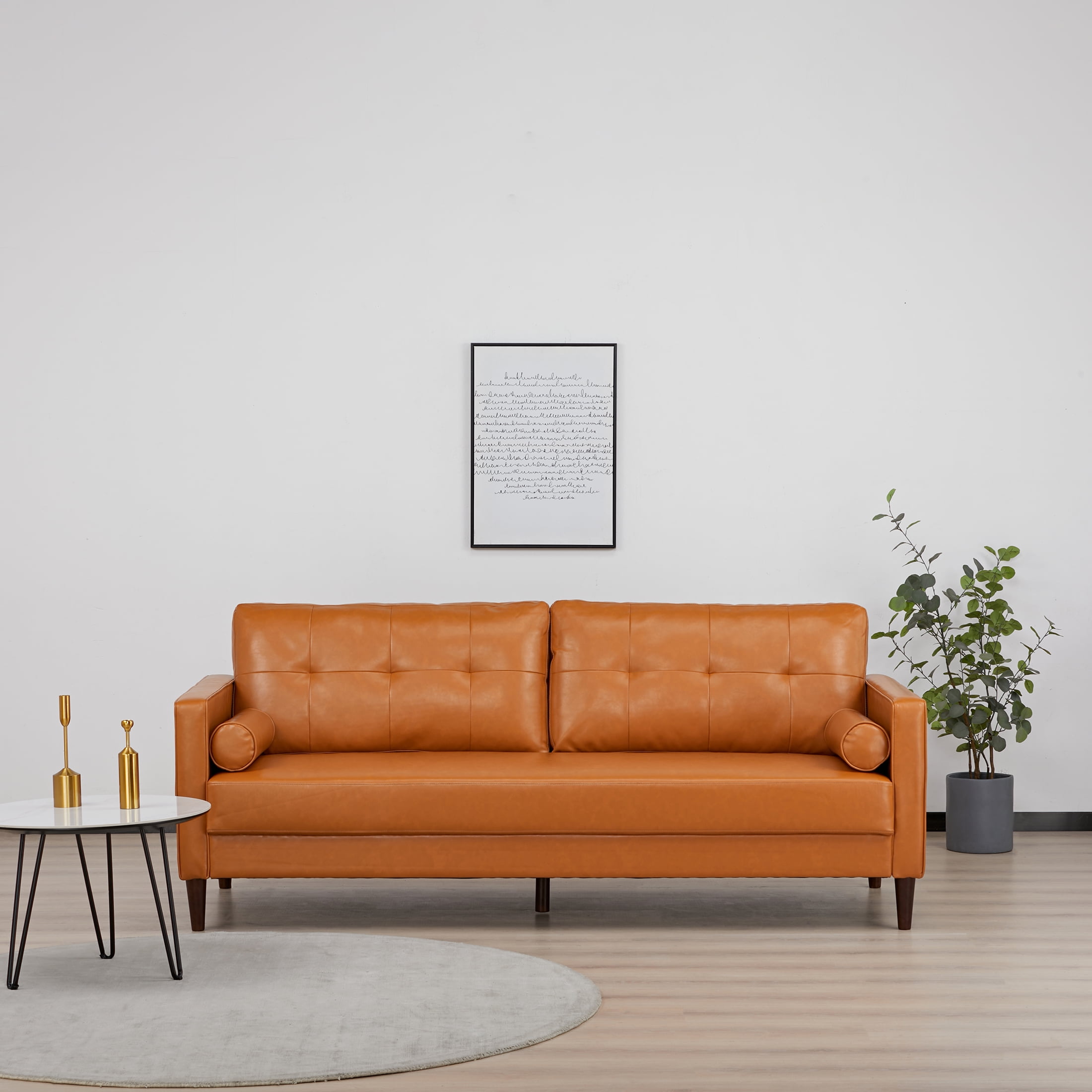 A&D Home Anza 3-Seater Tufted Faux Leather Sofa, Camel
