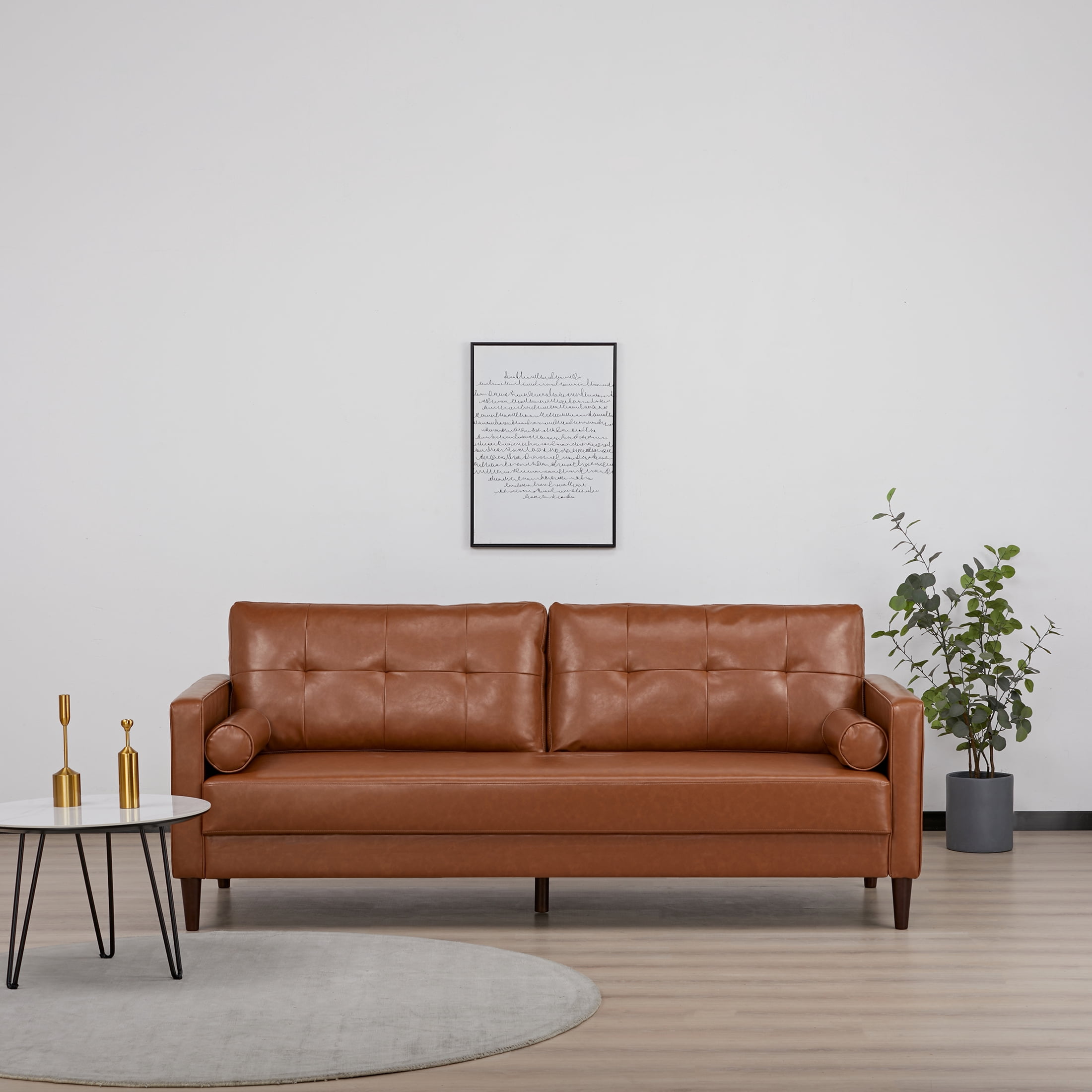 A&D Home Anza 3-Seater Tufted Faux Leather Sofa, Cognac Brown