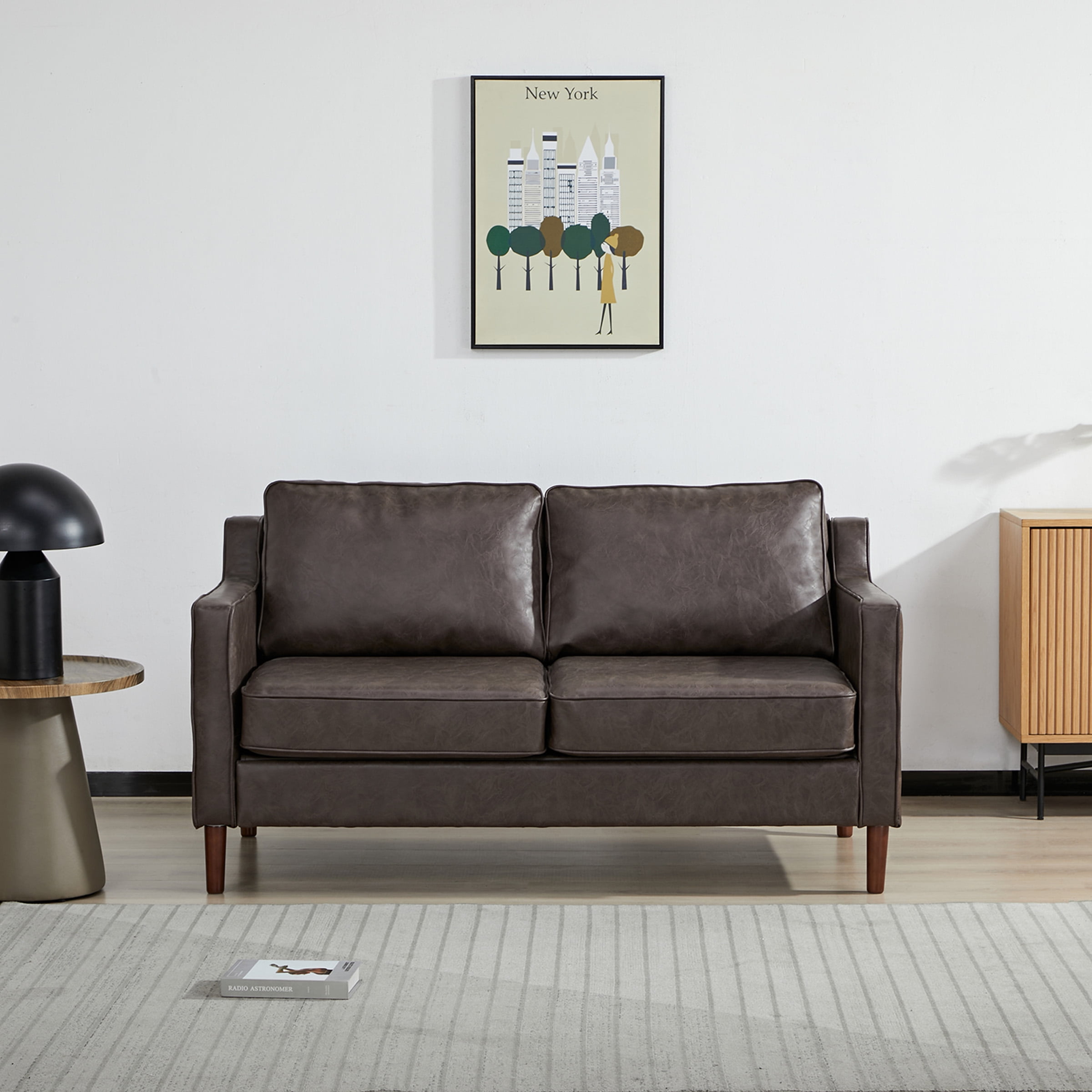 Sedona Brown Faux Leather Loveseat with Wood Legs