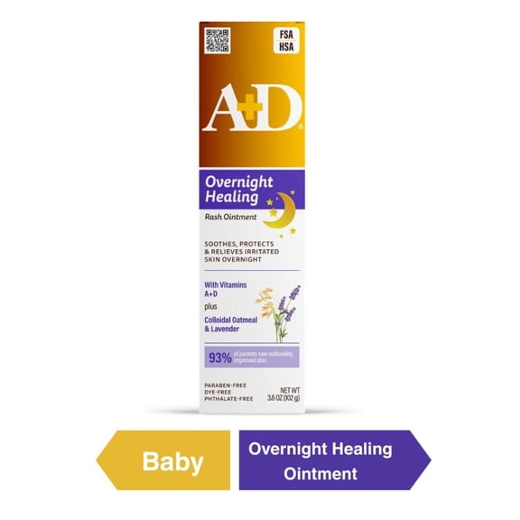 A+D Overnight Healing Diaper Rash Ointment for Baby, Soothes, Protects & Relieves Overnight, 3.6oz