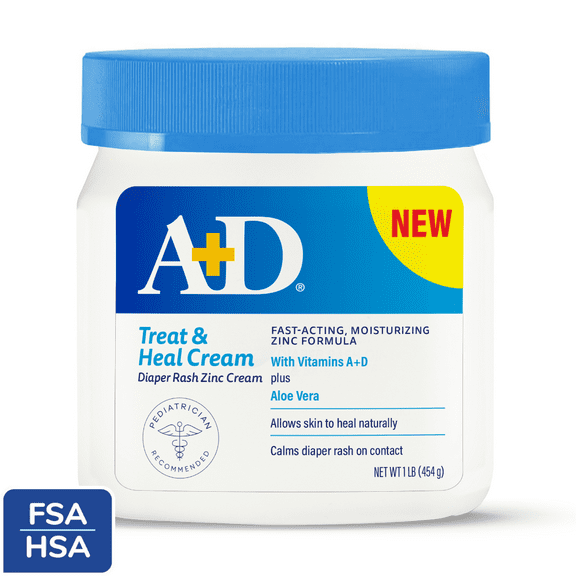 A+D Treat & Heal Diaper Rash Cream, Zinc Oxide 10%, Easy Spreading Diaper Rash Cream for Baby, 16 oz