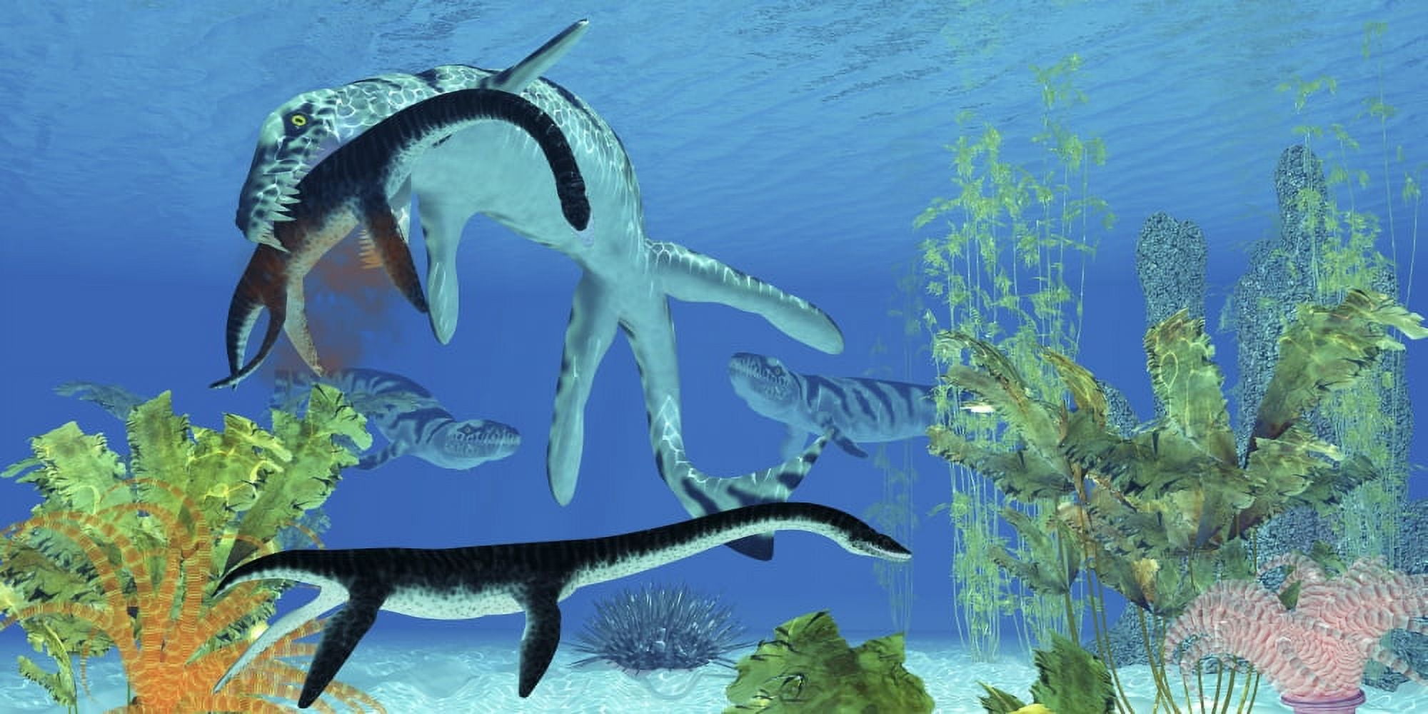 A Dakosaurus attacks a small Plesiosaurus Canvas Art - Corey FordStocktrek Images (20 x 10)