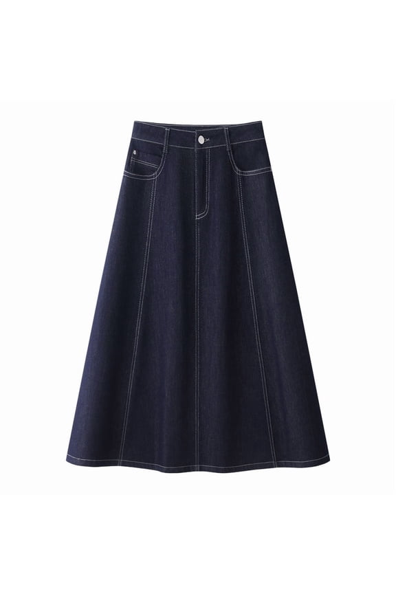 A Darker Blue Denim A-Line Skirt for Women, 2025 New Flared Mid-Length Swing Skirt, Loose Fit Flowy Drop Waist Skirt