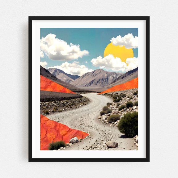 A Day To Remember - Illustration Landscape Desert Surrealism Nature Mountain Travel Poster Scenic Black Framed Wall Art Print 9 x 12 inches