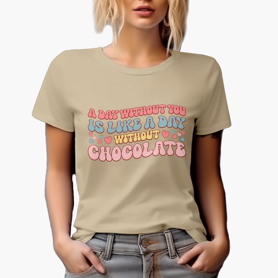 A Day Without You Is Like Without Chocolate, Retro Wavy Text Valentine's Day Gift, Tan T-Shirt, Large