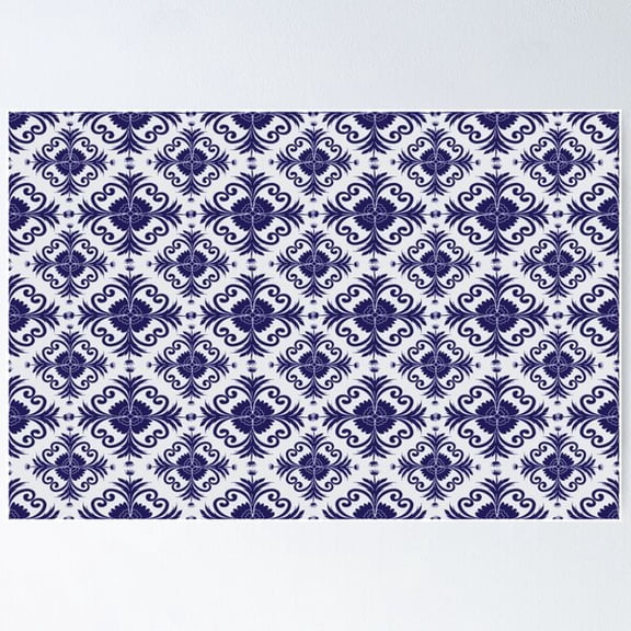 A Deep Navy Blue Demark Floral Seamless Pattern Poster, Poster Only