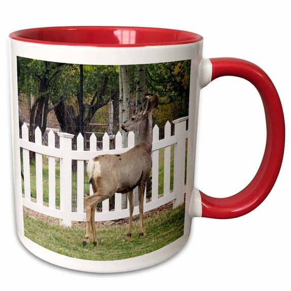 3drose, a Deer Standing Near a White Picket Fence in Pine Valley Utah, 11oz Two-tone Red Mug