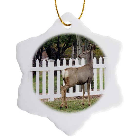 3drose, a Deer Standing Near a White Picket Fence in Pine Valley Utah, 3 inch Snowflake Porcelain Ornament