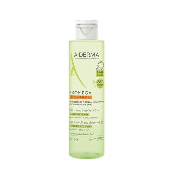 A-Derma Exomega Emollient Cleansing Gel Hair and Body is a gentle cleansing gel for the care of sensitive skin and scalp with atopic tendency of newborns 200ml