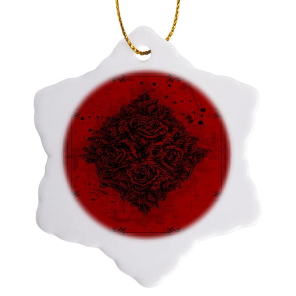 3drose, a Diamond Shape of Roses with Flourish Frames on Red, 3 inch Snowflake Porcelain Ornament