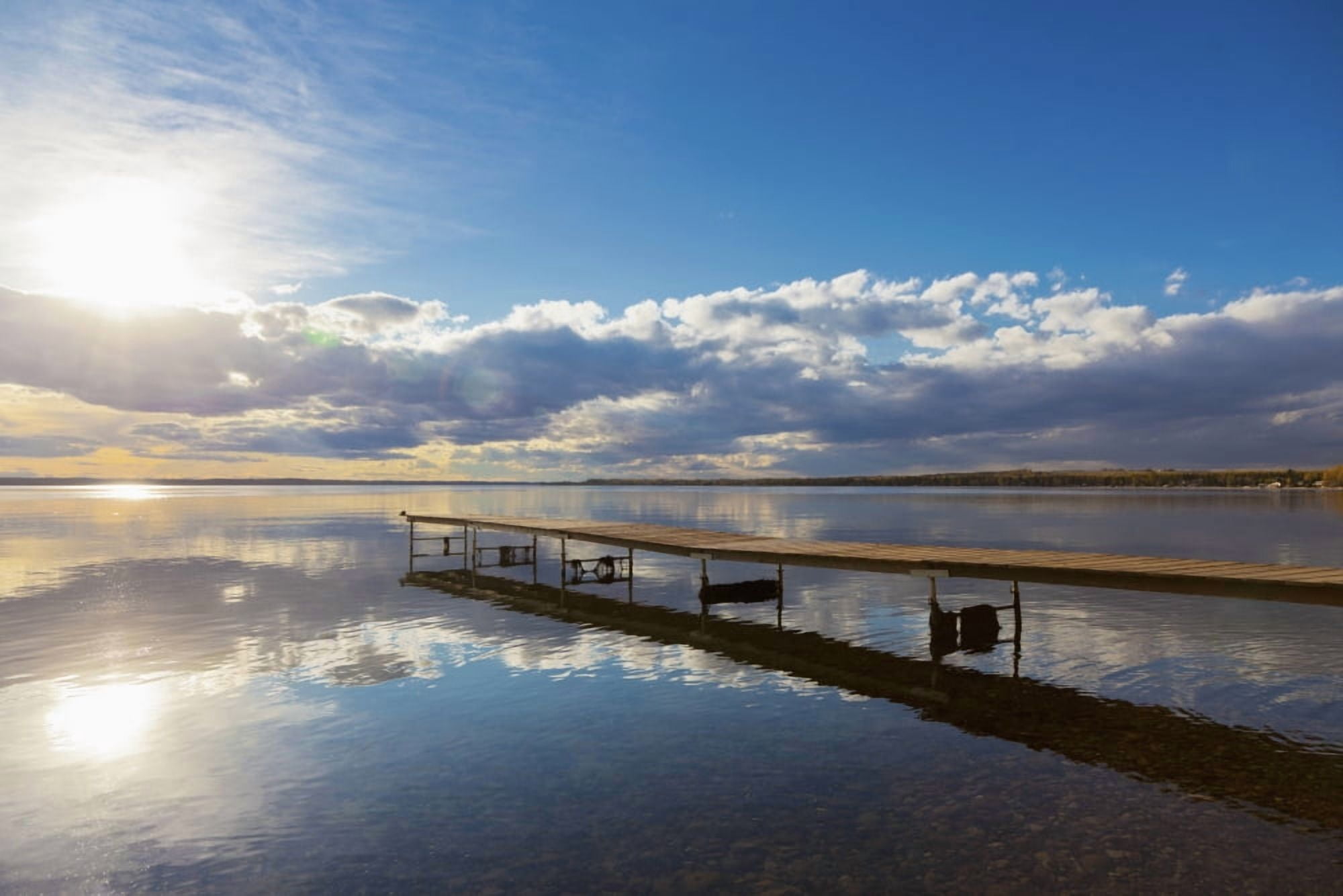 A Dock Leading Out Into The Lake At Sunrise Pigeon Lake Alberta Canada Canvas Art - Steve Nagy Design Pics (19 x 12)