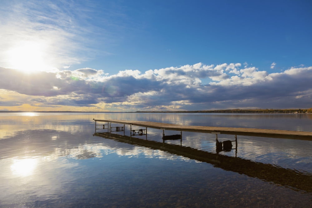 A Dock Leading Out Into The Lake At Sunrise Pigeon Lake Alberta Canada Canvas Art - Steve Nagy Design Pics (38 x 24)