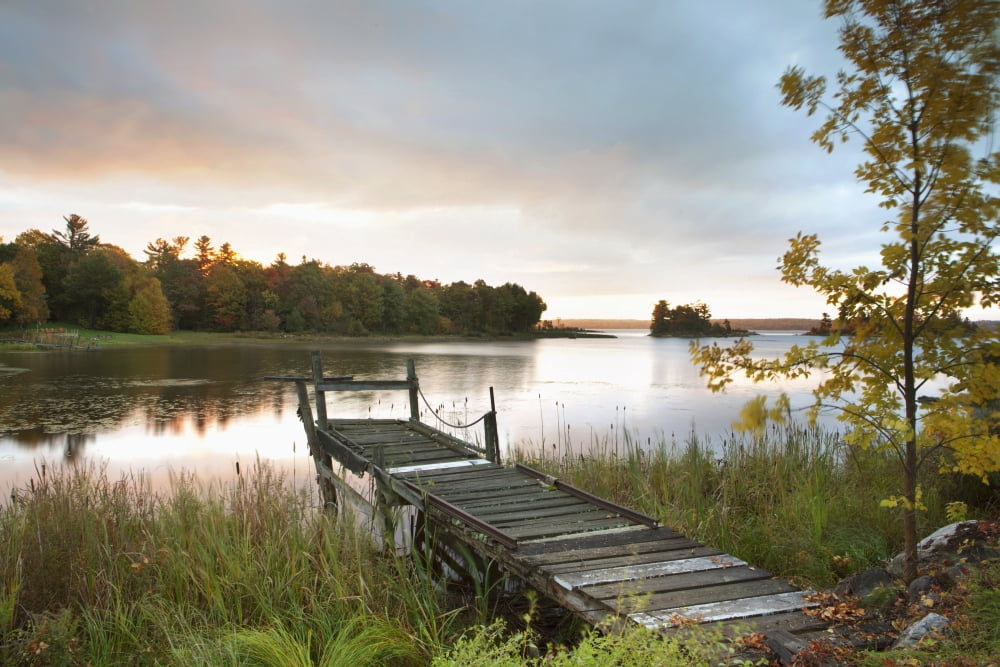 A Dock On A Lake At Sunrise Near Wawa Ontario Canada Canvas Art - Susan Dykstra Design Pics (19 x 12)