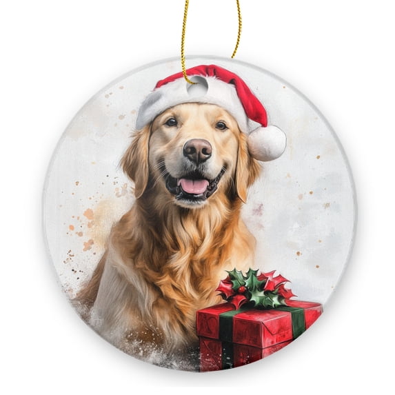 A Dog In A Santa Hat Near A Gift Box - Christmas Ornament Xmas Keepsake Ceramic Ornaments Holiday Decorations for Tree Christmas Gift Ideas 2.95in