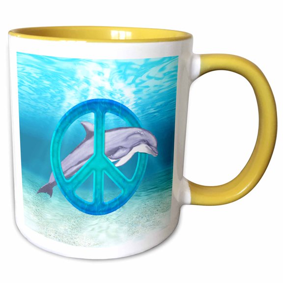 3drose, a Dolphin Swimming Through a Ocean Blue Peace Sign., 15oz Two-tone Yellow Mug
