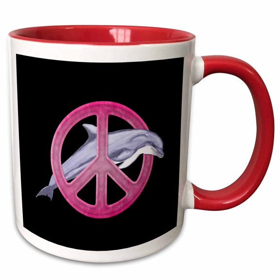 3drose, a Dolphin Swimming Through a Pink Peace Sign., 11oz Two-tone Red Mug