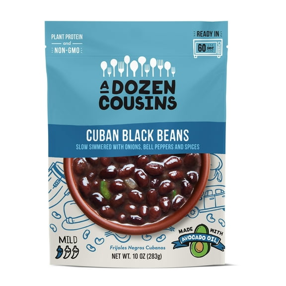 A Dozen Cousins Cuban Black Beans, Vegan Gluten-Free Microwaveable Seasoned Beans with Avocado Oil, 10 oz Pouch