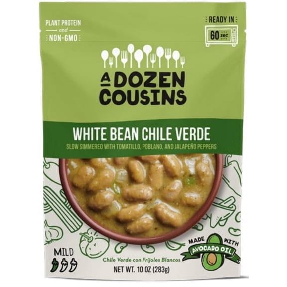 A Dozen Cousins White Bean Chili, Vegan Gluten-Free Microwaveable Plant-Based Meal with Avocado Oil, 10 oz Pouch