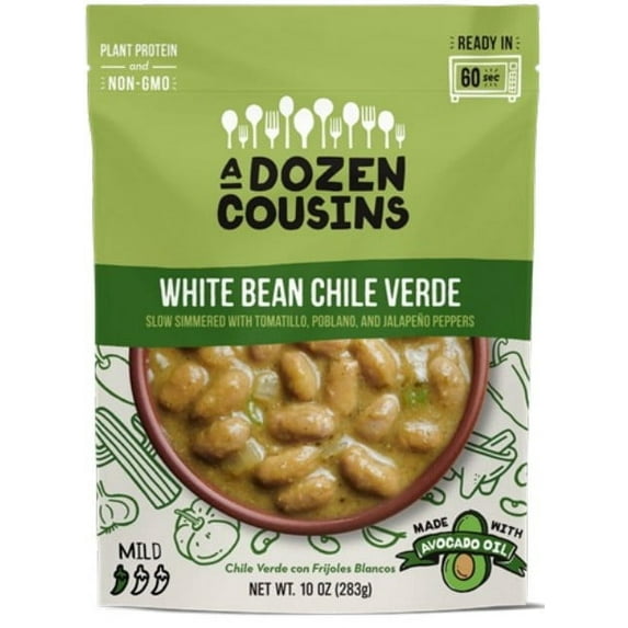 A Dozen Cousins White Bean Chili, Vegan Gluten-Free Microwaveable Plant-Based Meal with Avocado Oil, 10 oz Pouch