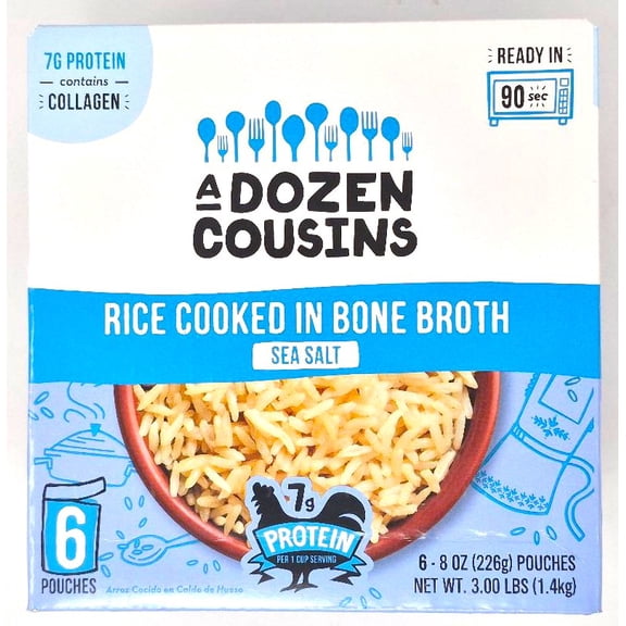 A Dozen Cousins Rice Cooked In Bone Broth with Sea Salt. 7g Protein, Contains Collagen. 8 oz (Pack of 6)