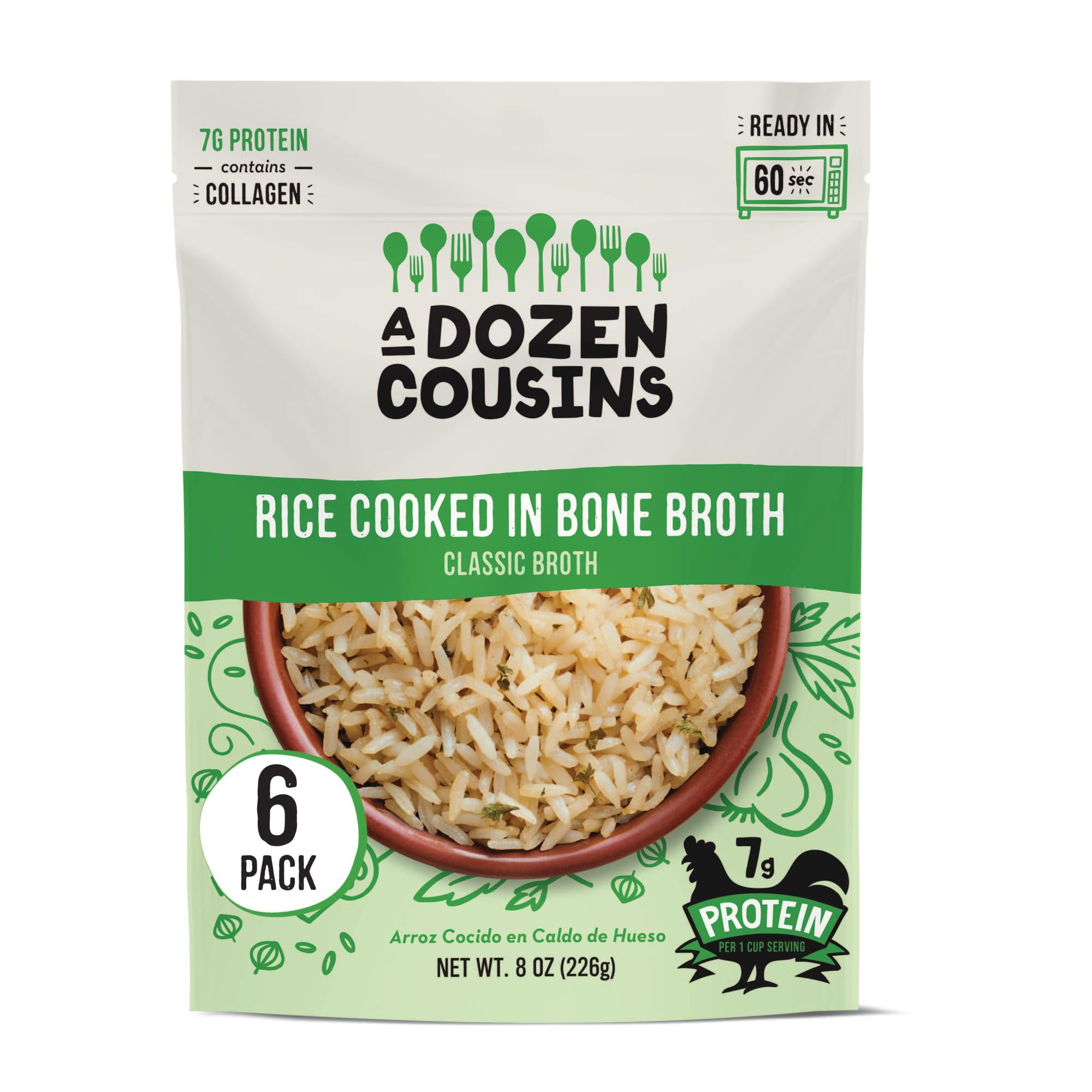 A Dozen Cousins Rice Cooked in Bone Broth Microwaveable Rice Packets | 7g Protein | Contains Collagen (Classic Chicken Broth, 6 Pack)