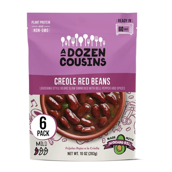 A Dozen Cousins Seasoned Beans, Microwaveable, Vegan and Non-GMO Meals Ready to Eat Made with Avocado Oil (Creole Red Beans, 6 Pack)