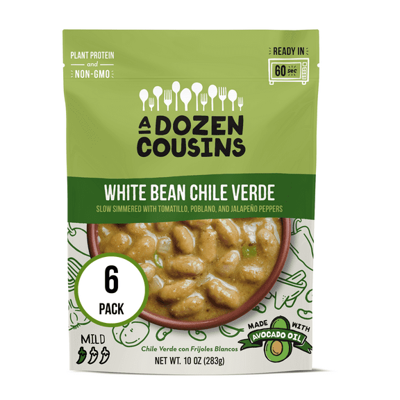 A Dozen Cousins Seasoned Beans, Vegan and Non-GMO Meals, Microwaveable Beans Ready to Eat Made with Avocado Oil (White Bean Chile Verde, 6 Pack)