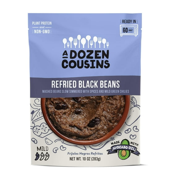 A Dozen Cousins Seasoned CI30&nbsp;Beans, Vegan and Non-GMO Meals Ready to Eat Made with Avocado Oil (Refried Black Beans, 8 Pack)