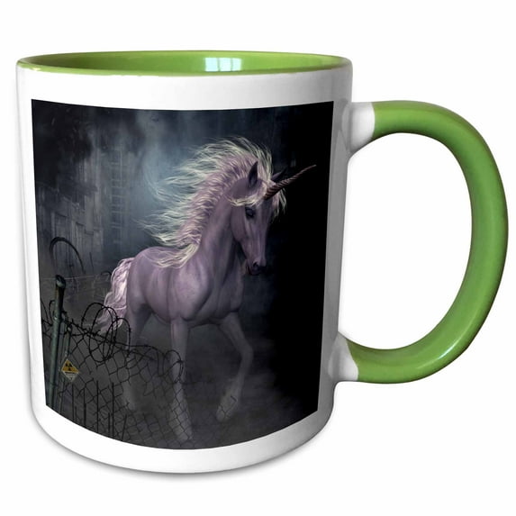 3drose, a Dreamlike Unicorn Walking Through a Destroyed City, 11oz Two-tone Green Mug