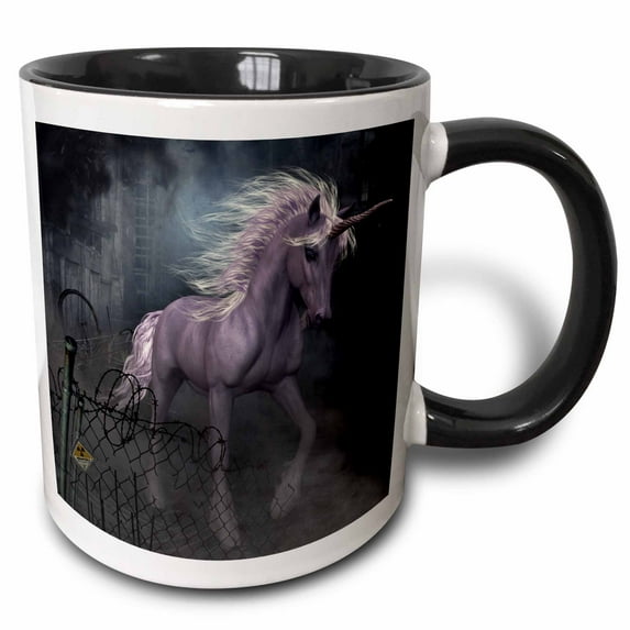 3drose, a Dreamlike Unicorn Walking Through a Destroyed City, 15oz Two-tone Black Mug
