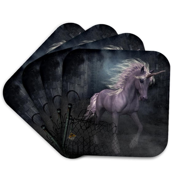 3drose, a Dreamlike Unicorn Walking Through a Destroyed City, Set of 4 Coasters - Soft