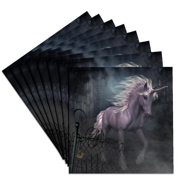 3drose, a Dreamlike Unicorn Walking Through a Destroyed City, Set of 8 Ceramic Tile Coasters
