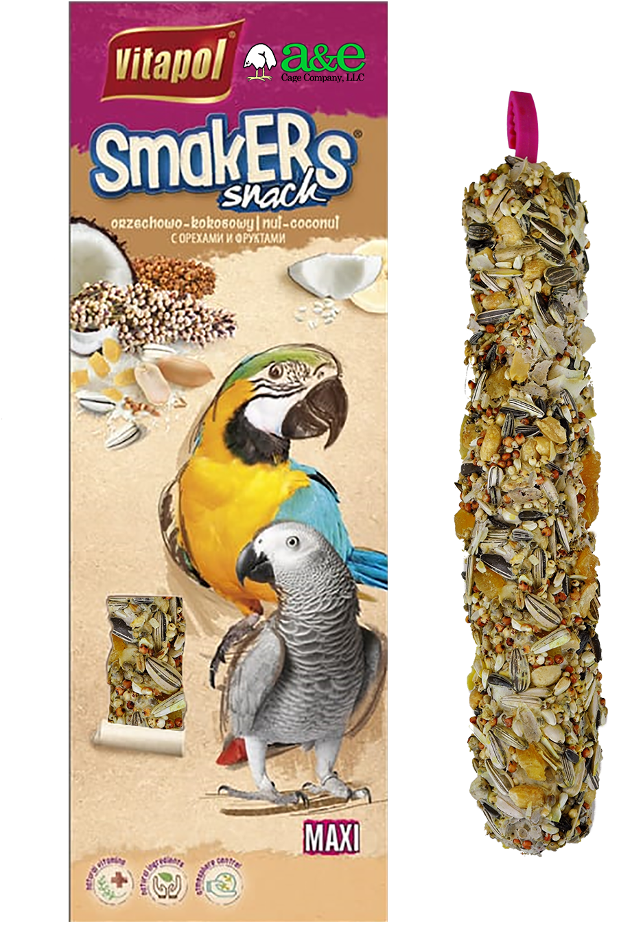 A&E Cage Co Smakers MAXI Parrot Nut/Coconut Treat Stick, Twin Pack