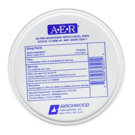 A-E-R Pre-Moistened Witch Hazel Anal Itching & Burning Relief Pads, 40 Ct, 5 Pack