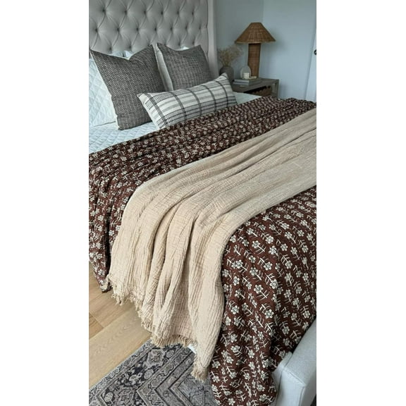 A & E Textile House Premium Flowers Print Cotton Kantha Quilt with Natural color bedding Bedcover Home