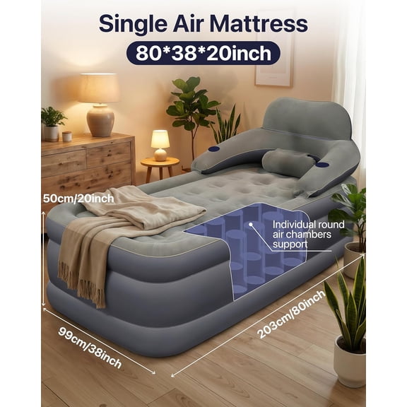 A-ER-FA Twin XL Air Mattress with Built in Rechargeable Air Pump,Comfort Blow Up Mattress with Headboard and Cup Holder,Inflable Air Mattress,Soft Air Bed for Home,Temporary Guests,Outdoor Use