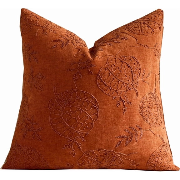 Embroidered Pumpkin Pillow Cover 18X18 Inch Linen Square Cushion for Sofa Decor Autumn Motif with Elegant Stitching