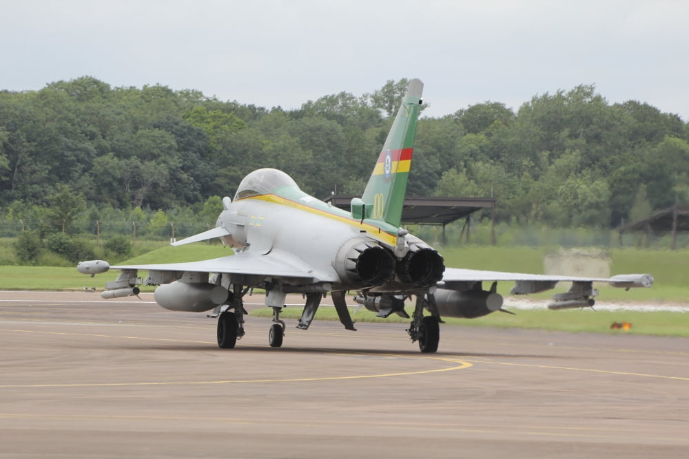A Eurofighter Typhoon of the Royal Air Force taxis to the end of the runway Canvas Art - Ofer ZidonStocktrek Images (18 x 12)