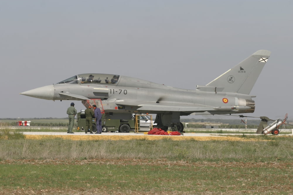 A Eurofighter Typhoon of the Spanish Air Force Canvas Art - Timm ZiegenthalerStocktrek Images (35 x 23)