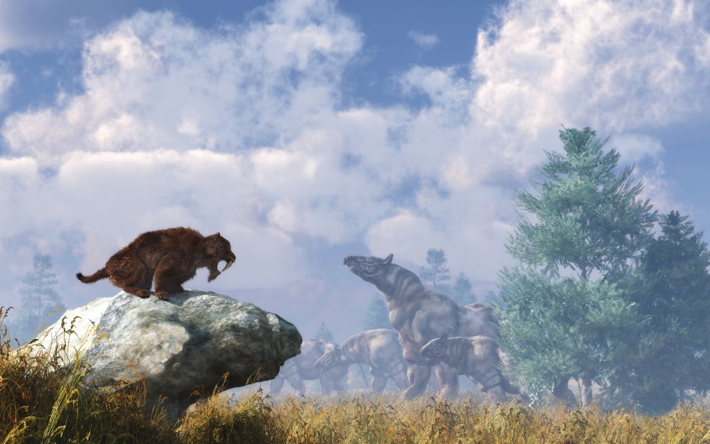 A Eusmilus watches a herd of Paraceratherium Canvas Art - Daniel EskridgeStocktrek Images (18 x 12)