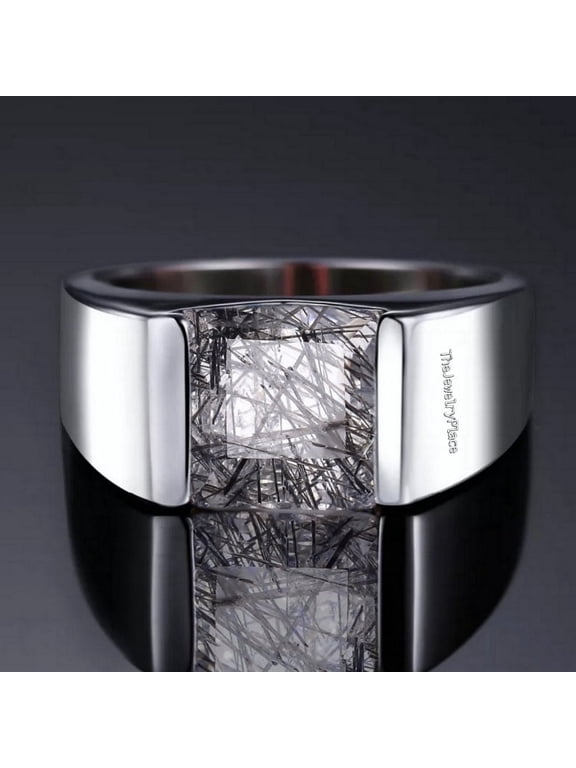 Black Rutilated Quartz Square Cut Solitaire Sterling Silver Ring for Men Silver 13