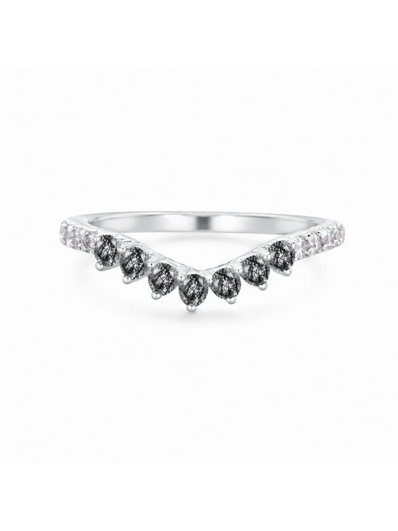 Black Rutile Quartz 925 Sterling Silver Chevron Wedding Band, Natural Black Quartz Stackable Promise Ring for Women Black Vermeil 8
