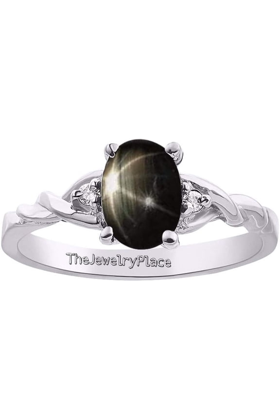 Black Star Sapphire Ring Sterling Silver 925 Art Deco Oval Cabochon Lindy Star Gemstone Ring with Zircon Accents Handmade Celestial Jewelry Gold 6