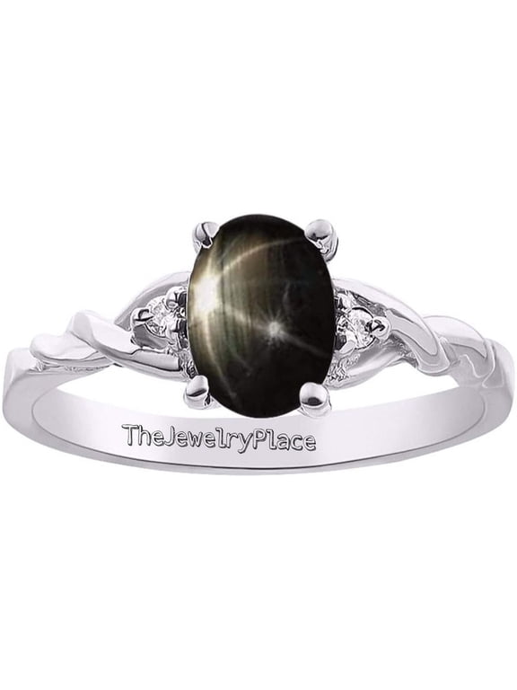 Black Star Sapphire Ring Sterling Silver 925 Art Deco Oval Cabochon Lindy Star Gemstone Ring with Zircon Accents Handmade Celestial Jewelry Silver 10